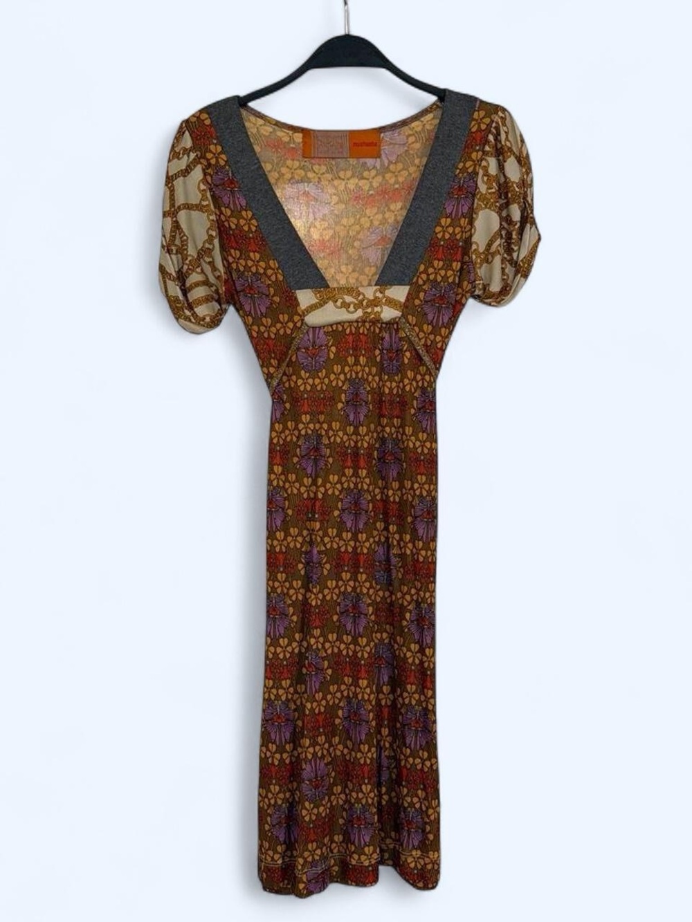Vintage Muchacha  Bohemian Floral Midi Dress in Brown and Purple